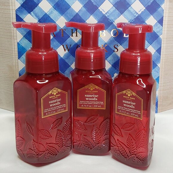 BATH & BODY WORKS WHITE BARN 'SUNRISE WOODS' FOAMING HAND SOAP 3-PIECE SET - Picture 2 of 15